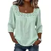 2026 Nuevo Verano Color Sólido Casual Cuello Cuadrado Adorno de Encaje Manga Tres Cuartos Algodón Lino Manga Corta Top para Mujeres en Amazon