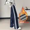 Pantalones de Uniforme Escolar con Forro de Felpa para Niños y Niñas, Pantalones Gruesos de Invierno Azul Marino con Dos Rayas, Corte Holgado Recto para Estudiantes de Secundaria y Preparatoria