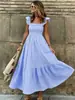 Vestido longo xadrez transfronteiriço feminino, decote quadrado, mangas bufantes, cintura marcada, barra ampla, vestido maxi de praia estilo férias