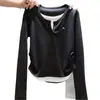 Camiseta Falsa de Dos Piezas de Manga Larga para Mujer con Sentido del Diseño para Primavera y Otoño Nuevo Estilo Color de Contraste Cuello en V Aspecto Adelgazante Top para Capas Internas