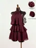 Vestido mini de gasa estilo europeo y americano con cuello halter, falda de varias capas tipo pastel con forro, espalda descubierta sexy para vacaciones