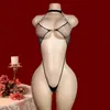 Comercio exterior transfronterizo: Lencería sexy de estilo europeo y americano, body para mujer con cuello halter, espalda descubierta, con cortes, transparente, de pierna alta y ajustado