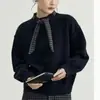Suéter Pulóver Gris 2026 para Mujer Diseño a Cuadros con Lazos Cuello Redondo Holgado Hombros Caídos Top de Punto Atmósfera Otoño/Invierno
