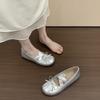 Sapatos Estilo Ballet Francês para Mulheres, Sapatos Pequenos de Couro Cor Champagne com Laço Doce, Sapatos Mary Jane de Bico Redondo, Sandálias para Mulheres