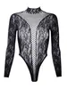 Verano Nuevo Sexy Cuello Alto Manga Larga Jacquard Bodis Hueco Transparente para Mujer Malla Elástica Adelgazante Ropa Fabricante Mayorista