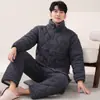 Inverno Masculino Veludo Coral Forrado Lã Cardigan Espessado Roupa de Casa Terno Acolchoado Três Camadas Pijama Tamanho Grande