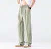 Calças Casuais Masculinas de Linho Tencel 2026 Verão Largas Retas Wide-Leg Frescas Longas Verde Claro Damasco Algodão