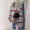Suéter de punto 100% lana pura con cuello tipo polo, medio cierre, rayas de color contrastante, sudadera casual para mujer, estilo nuevo
