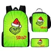 Mochila Escolar Infantil Monstruo de Pelo Verde Grinch Mochila para Estudiante de Primaria Bolsa de Comida Estuche para Lápices Mochila de Tres Piezas Venta al por Mayor Transfronteriza