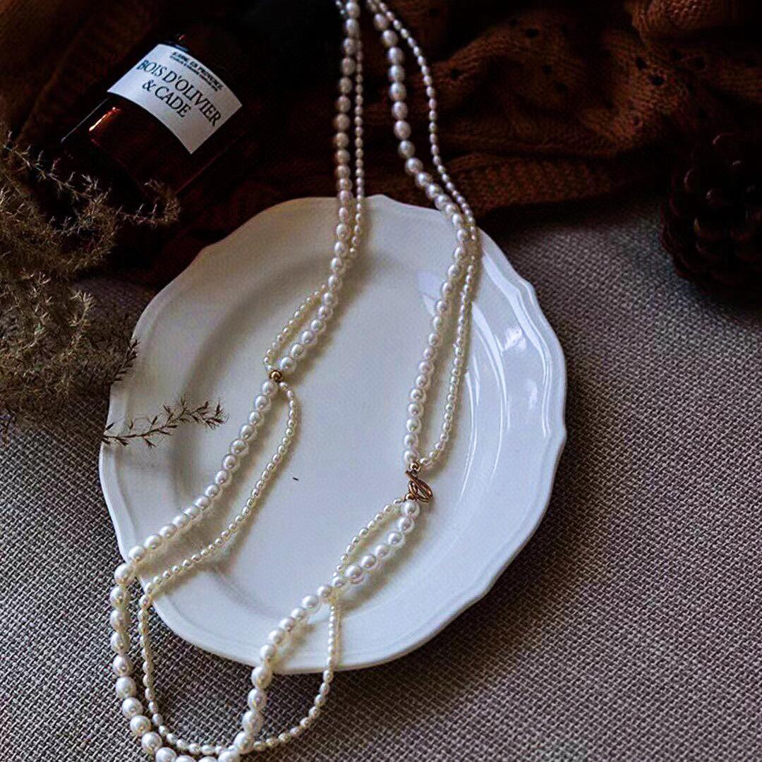 国潮 古风 气质双层大小天然 淡水珍珠 项链 法式