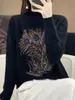 Suéter básico de malha feminino para outono e inverno, de caimento solto, modelador, com estampa de penas, gola semi-alta, estilo simples