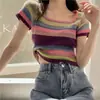 Camiseta de Tricô Listrada Colorida Arco-Íris Manga Curta Gola Quadrada Feminina Verão Fina Slimming Look Top Curto Tendência Ins