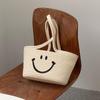 Bolso de Paja de un Hombro Cuerda de Algodón Tejida a Mano con Estampado de Smiley Bolso de Playa Cesta de Verduras Bolso de Mujer