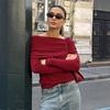 Tricô Angola Vermelho Gola Uma Linha Ombro a Ombro Outono e Inverno 2026 Moda Europeia e Americana Versátil Camiseta de Manga Longa Suéter Roupas Femininas