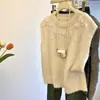 Colete de Tricô Sem Mangas Cinza com Laço de Renda Pesada e Contas Feminino Outono Malha de Alta Qualidade