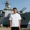 Camiseta para Hombre de Algodón Puro Hilo Doble Color Sólido Hombro Caído Cuello Redondo Manga Corta Marca de Alta Gama de Moda Estilo Americano Oversized