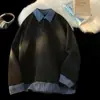 Moletom de gola listrada outonal com retalhos, marca masculina moderna, design falso de duas peças, blusa de manga comprida casual e versátil