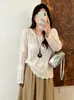 Top vintage hueco de punto con cuello en V para mujer talla grande, estilo otoño 2026, de corte holgado con dobladillo de encaje para mujeres talla grande