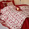Conjunto de Cama de Algodão Puro para Casamento de Quatro Peças, Capa de Edredom de Algodão para Casamento, Conjunto de Lençóis de Três Peças, Edredom Vermelho Festivo para Casamento, Novo Modelo 2025