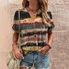 Camiseta Feminina Vintage Decote V Verão Manga Curta Camiseta Casual Harajuku Listrada Estampada Top Feminino