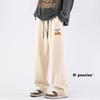 Pantalones de chándal rectos negros para hombre, primavera y otoño, estilo americano, alta costura, etiqueta, pantalones de caída sueltos, todo a juego, pantalones deportivos