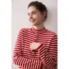 Chaqueta Suéter de Cuello Alto Tejida a Rayas Top Combinación de Colores Estilo Retro Cardigan de Terciopelo Suéter de Lana Holgado Otoño e Invierno para Mujer