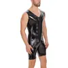 Macacão de Couro Europeu e Americano Masculino Brilho Espelhado Transfronteiriço com Abertura Sexy no Gancho com Zíper, Roupa de Palco Plus Size para Boates e KTV