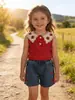 2026 Más Vendido Conjunto de Dos Piezas para Niñas: Top Lindo de Fresa de Color Sólido con Shorts de Mezclilla Bordados