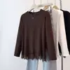 Camiseta base de algodón tencel para mujer talla grande, con ribete de encaje, cuello redondo, holgada, manga larga, estilo otoño, top T-shirt casual blanco