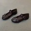 Zapatos Mary Jane de cuero de vaca con correa única francesa para mujer, punta redonda, corte bajo, suela plana, zapatos de vestir, hebilla de correa de cuero, zapatos pequeños de cuero retro