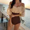 Traje de baño de una pieza para mujer, con encaje, hombros descubiertos, corte ajustado, estilo elegante, adelgazante, patchwork, manga larga coreana, dos tonos