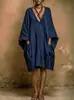 Vestido Midi Cor Sólida de Marca Independente Novo Estilo 2026 Europeu e Americano Decote V Manga Morcego Amazon Caimento Solto