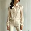 Roupas femininas de comércio exterior transfronteiriço europeu e americano, elegante e casual, decote com laço, camisa de manga longa com babados