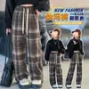 158 # (Derong Composite 220g Realmente Super) Calças Xadrez de Perna Larga com Forro de Fleece e Espessura Calças Retas