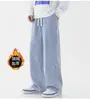 Jeans para Hombre Otoño e Invierno 2024 Color Sólido Polar Grueso Rectos Holgados Pierna Ancha Retro Casual Pantalones Largos Transfronterizos