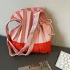 Bolso de Hombro Plegado Coreano con Bloques de Color, Bolso Tote Grande de Viaje, Bolso de Cuerda Tejido de Color Contrastante, Bolso de Mano a la Moda