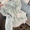 Suéter Patchwork Azul Dulce con Lazo para Atar, Tejido de Punto Holgado Adelgazante, Suéter de Punto de Encaje Suave