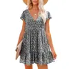 2022 Primavera y Verano Europeo y Americano Estación Independiente Amazon Cuello en V Botones Estampado Floral Pequeño Manga Corta Holgado Casual Vestido Mujer
