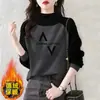 Moletom de Veludo Dupla Face com Retalhos de Manga Longa e Gola Alta Meia-Boca Novo para Outono e Inverno Top Feminino Quente e que Reduz a Idade, Solto e Fashion