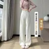 Calça de terno cinza feminina, novo estilo de outono, cintura alta, corte reto, modelagem que afina, calça casual, versão estreita, calça de perna larga fluida, comprimento até o chão