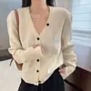 Estilo Coreano Otoño Nuevo Cárdigan de Punto de Color Sólido con Cuello en V para Mujer Diseño Holgado Casual Estilo Perezoso Suéter Prendas de Punto Exteriores