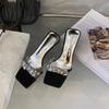 2025 Nuevo Estilo de Verano Zapatillas de Tacón Grueso de Cristal de Una Línea para Mujer Medio Arrastre Punta Abierta Correa Transparente de Pedrería Sandalias de Tacón Alto