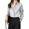 Camisa de satén de acetato para mujer, nueva colección otoño 2026, top gris, adecuada para estudiantes universitarios, entrevistas, trabajo y entornos profesionales, en color azul brumoso