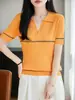 2026 Primavera y Verano Nuevo Estilo Seda de Hielo Cuello Solapa Tejido Manga Corta Mujer Bloque de Color Canalé Suéter Camiseta Base