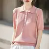 Camiseta de Punto de Algodón Puro con Cuello Polo de Manga Corta para Mujer, Diseño de Botones en Color Verano, Elegante y Juvenil, Top Transpirable de Media Manga