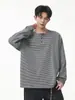 Camiseta listrada de manga comprida estilo americano com gola Henry para homens e mulheres, top pulôver solto e relaxado para o outono