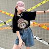 Verano Niñas Casual Manga Corta 2024 Nueva Moda Moda Infantil Grande Suelto Sombrero de Paja Niñas Estampado Media Manga