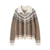 Cardigã de Caxemira Feminino 100% Caxemira Pura Novo Casual Retrô Casual Combinação de Cores Gola Lapela Jaqueta Suéter de Tricô