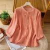 Primavera y Verano Nuevo Todo-combinable Holgado Adelgazante Algodón y Lino Cuello Redondo Siete Mangas Camisa Bordada para Mujer Casual Color Sólido Elegancia Top