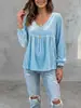 Moda europea y americana transfronteriza: Nueva colección de otoño 2026 de ropa para mujer - Top/camisa de manga larga, cuello en V, con ribete de encaje, de terciopelo, casual, corte holgado